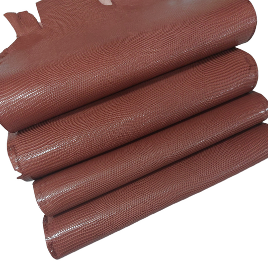 Brown Gloss Finish Front Cut Lizard Skin Leather, Grade I/II